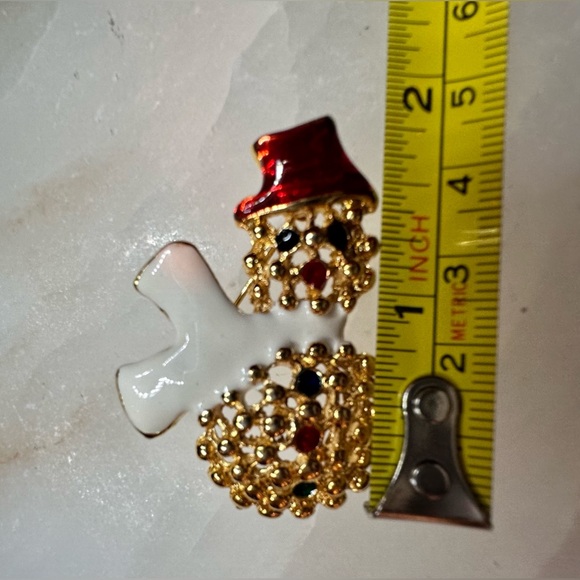 Vintage Gold Snowman Brooch, white scarf, red hat Christmas #Holiday # Snowman - Picture 2 of 4